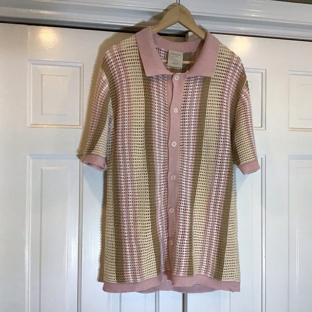 Massive Luxury Polo Cardigan Sweater Mens Sz L Crochet Knit Preppy Beach Casual